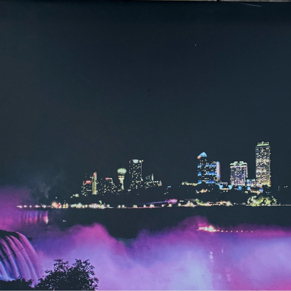Nighttime Cityscape Wall Art with Purple Waterfall Glow